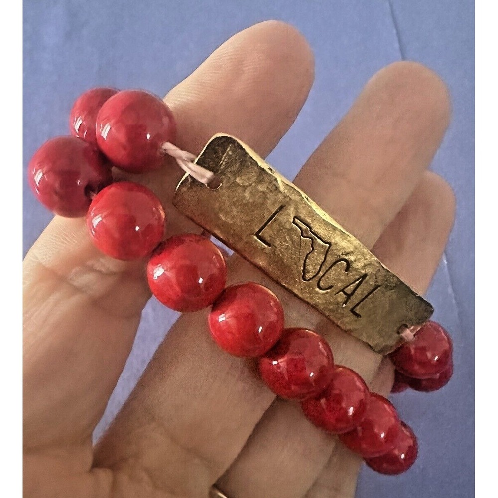 Julio‎ Designs Local Florida Symbolic Bracelet Red Beaded Stretch Double